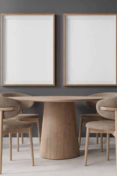 Two Empty Vertical Picture Frames On Gray Wall In Modern Dining Room. Mock Up Interior In Contemporary, Scandinavian Style. Free Space For Picture, Poster. Wooden Table, Chairs, Plants. 3d Rendering.
